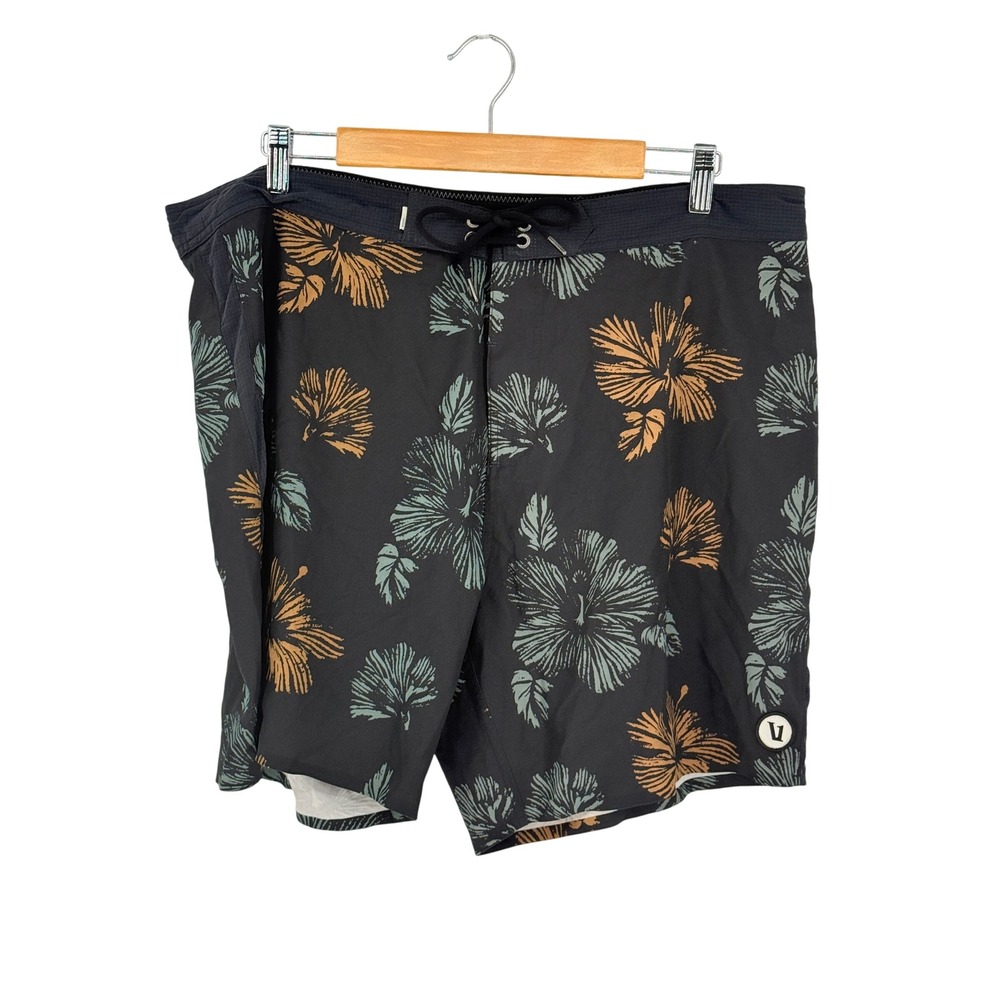 Vuori Mens Tropical Hibiscus Floral Black Long Board Shorts 38-40 6.5‎ Inseam